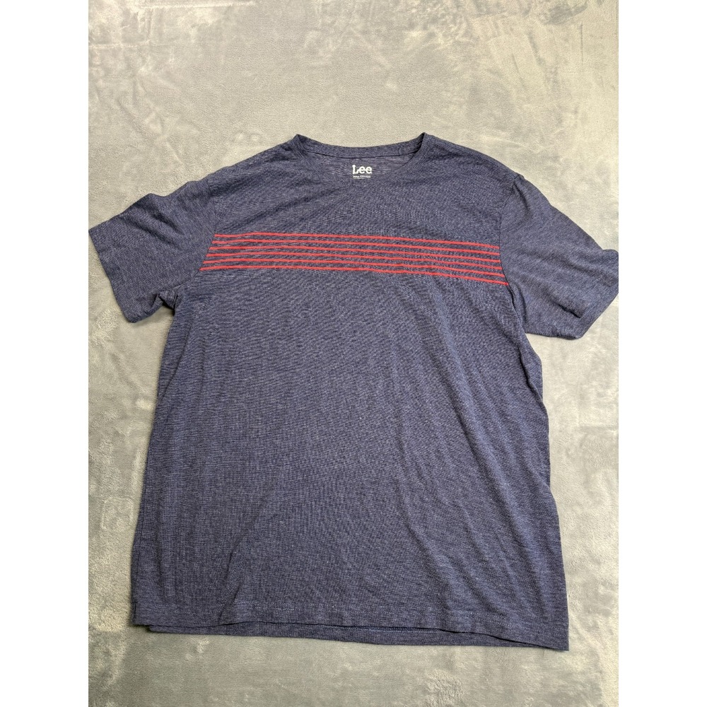 Lee Premium T-Shirt Mens Large Blue Red Horizontal Striped Pima Cotton Crew Neck